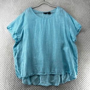 Tahari Linen Top Hi-Low Hem Short Sleeve‎ Casual Blouse Blue Boho Minimalist 2X
